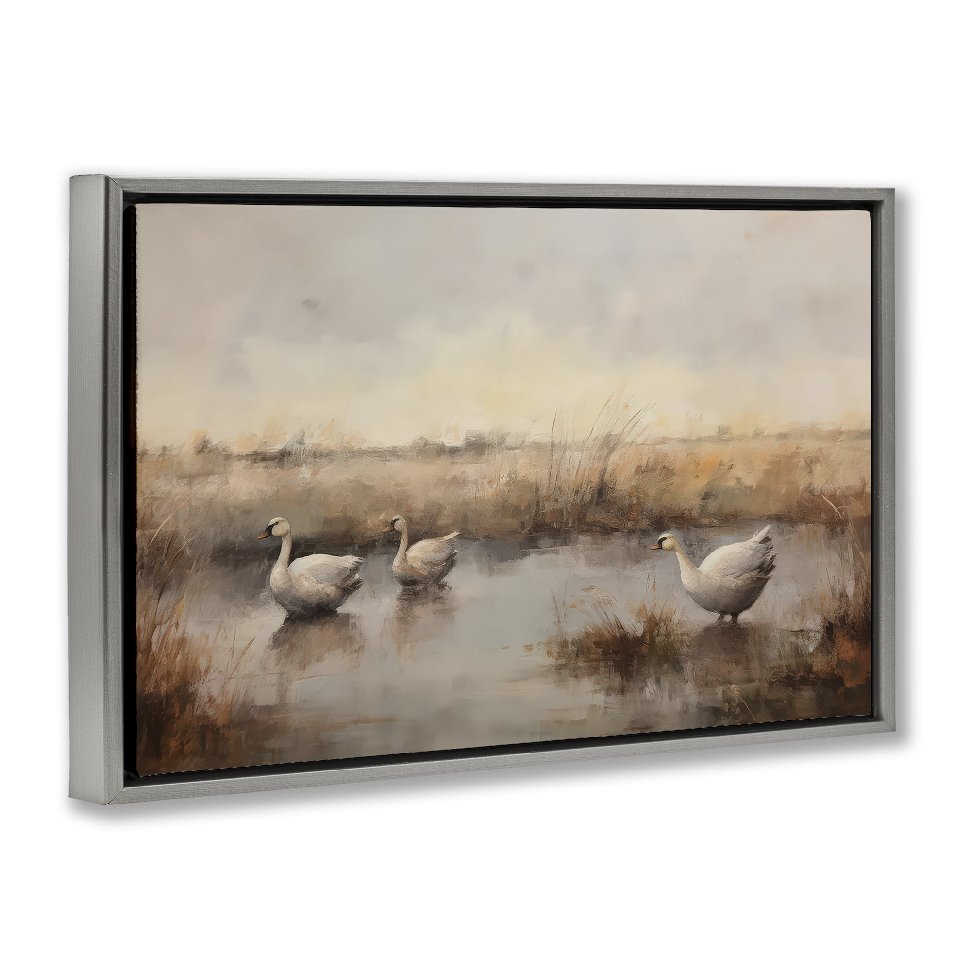 Stupell Industries Swan Family Rural Pond Landscape & Nature Painting Gray Floater Framed Canvas Art Print Wall Art, 25 x 17