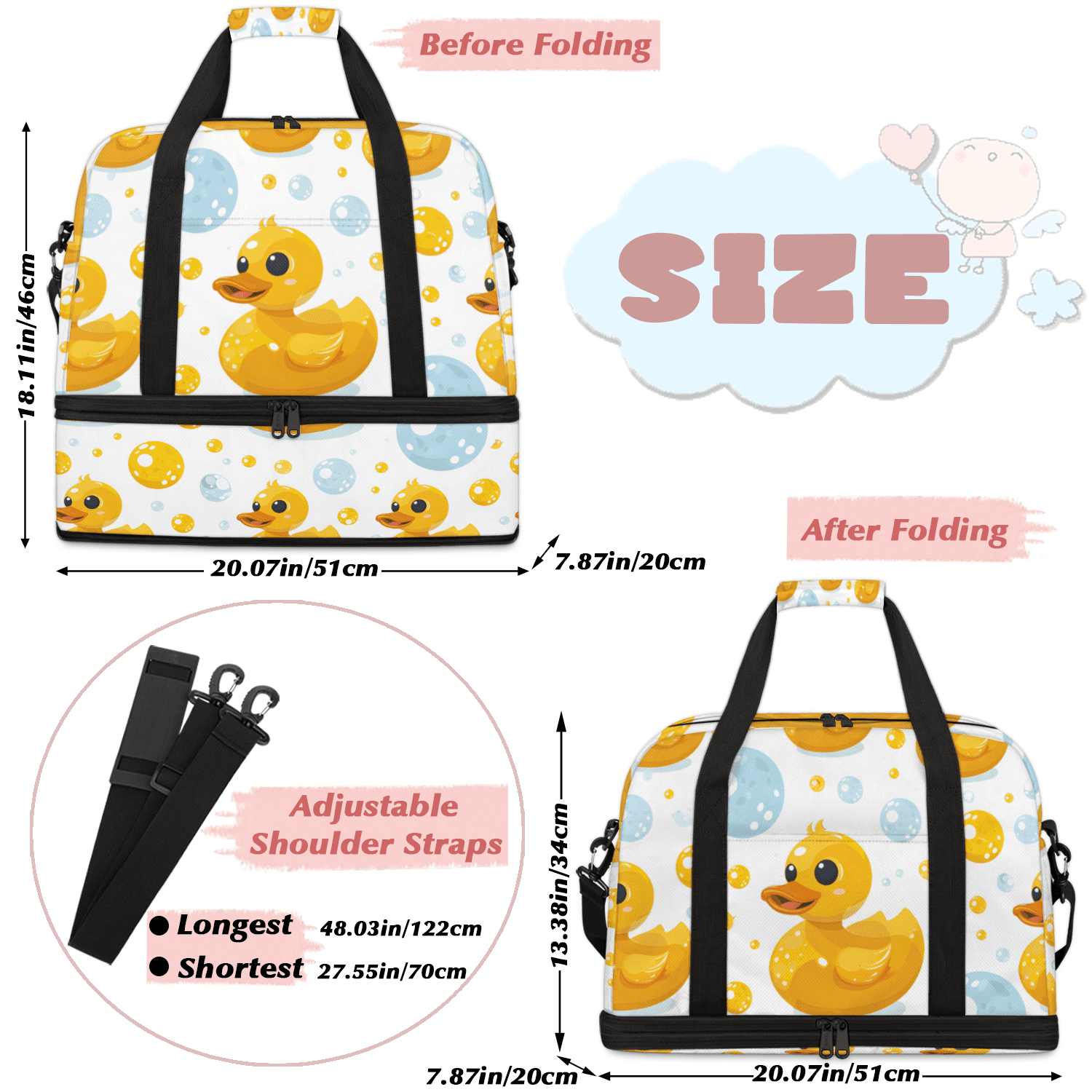 Herdesigns Rubber Duck Foldable Travel Duffel Bag for Women Men, Yellow Blue Bubble Weekend Overnight Carry On Bags with Shoe Compartment