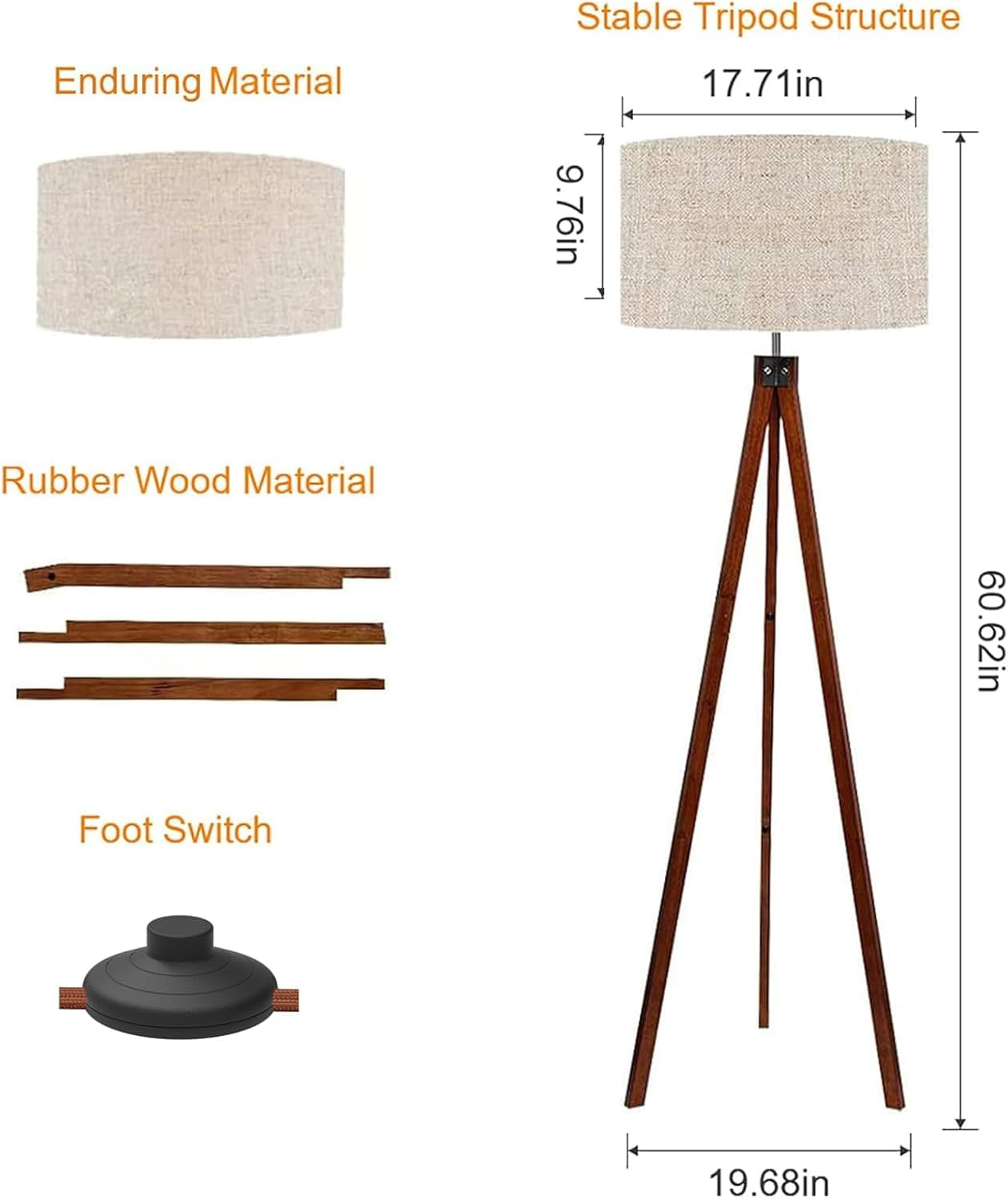 LEPOWER Wood Tripod Floor Lamp, Mid Century Standing Lamp, Modern Design Floor Light for Living Room, Bedroom and Office, Flaxen Lamp Shade with E26 Lamp Base Brown