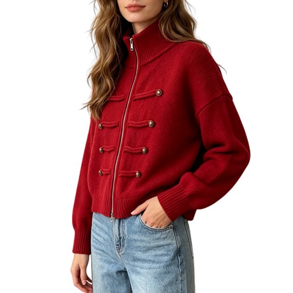 Women's High Collar Double-Breasted Zip-Up Cropped Knit Cardigan size