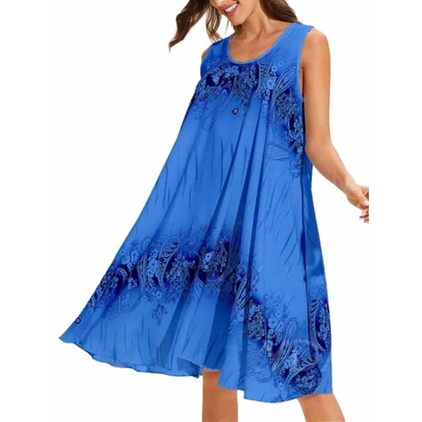 Wodstyle Women's Plus Size Summer Sleeveless Floral Casual Midi Dress