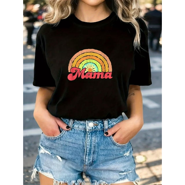 Camiseta Para Mujer De Verano Cuello RedondoMama Mom Floral Pattern Vintage Sunset Love Flowers Heart Print Women'S T-Shirt Casual Short Sleeve Camisetas de verano para mujer, manga corta, cuello re