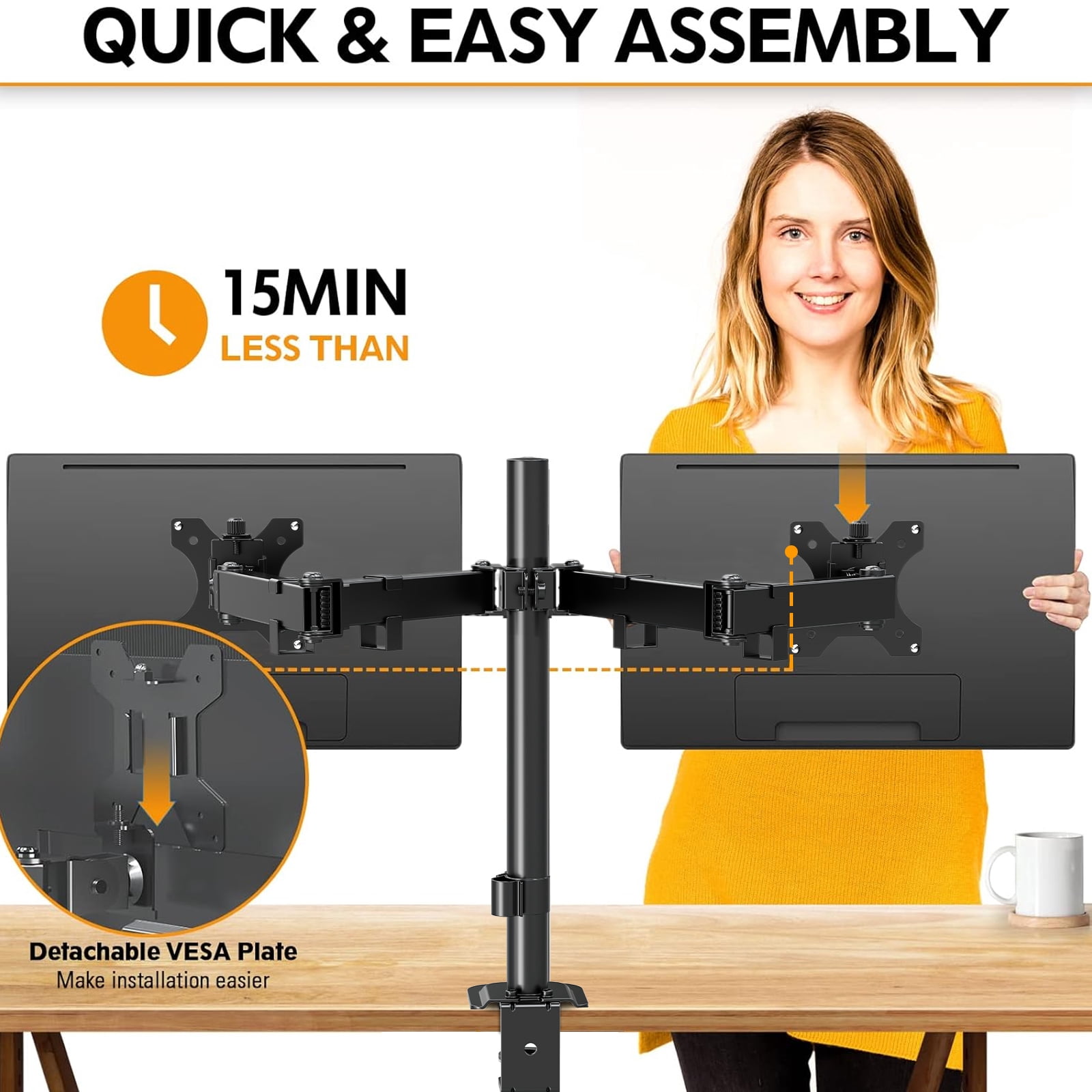 HOMOUNT Dual Monitor Desk Mount for Max 32 Inch, Adjustable Dual Monitor Arm for 2 LCD Screens, Monitor Stand with C-Clamp and Grommet Base, up to 17.6lbs