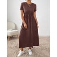thumbnail image 4 of Maroon Drawstring Waist A-Line Midi Dress With Side Pockets Casual Womens Dress, 4 of 5