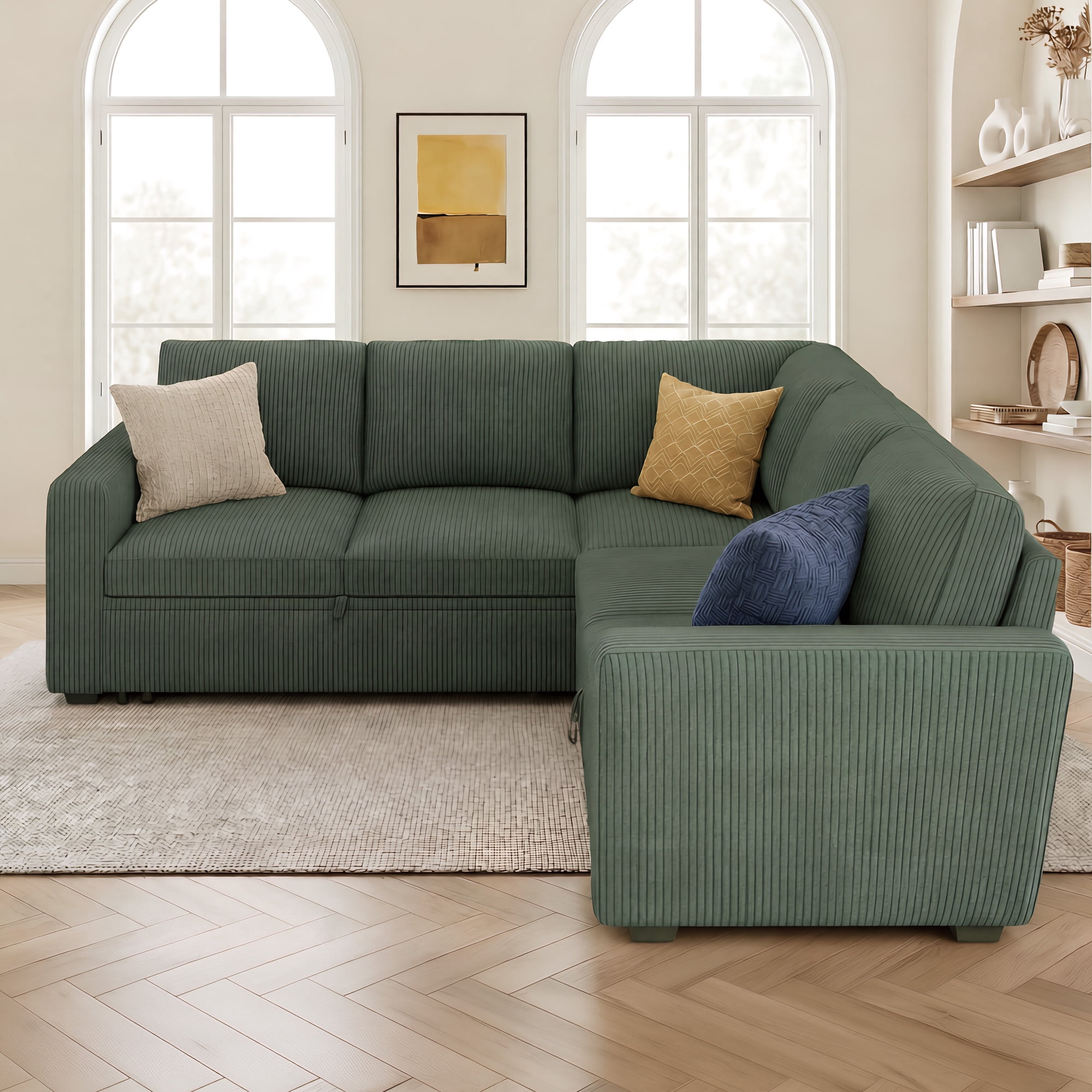 Marrber 83.4” Modular L-Shaped Corduroy Sectional Sleeper Sofa with Pull-Out Bed and Storage for Living Room, Green