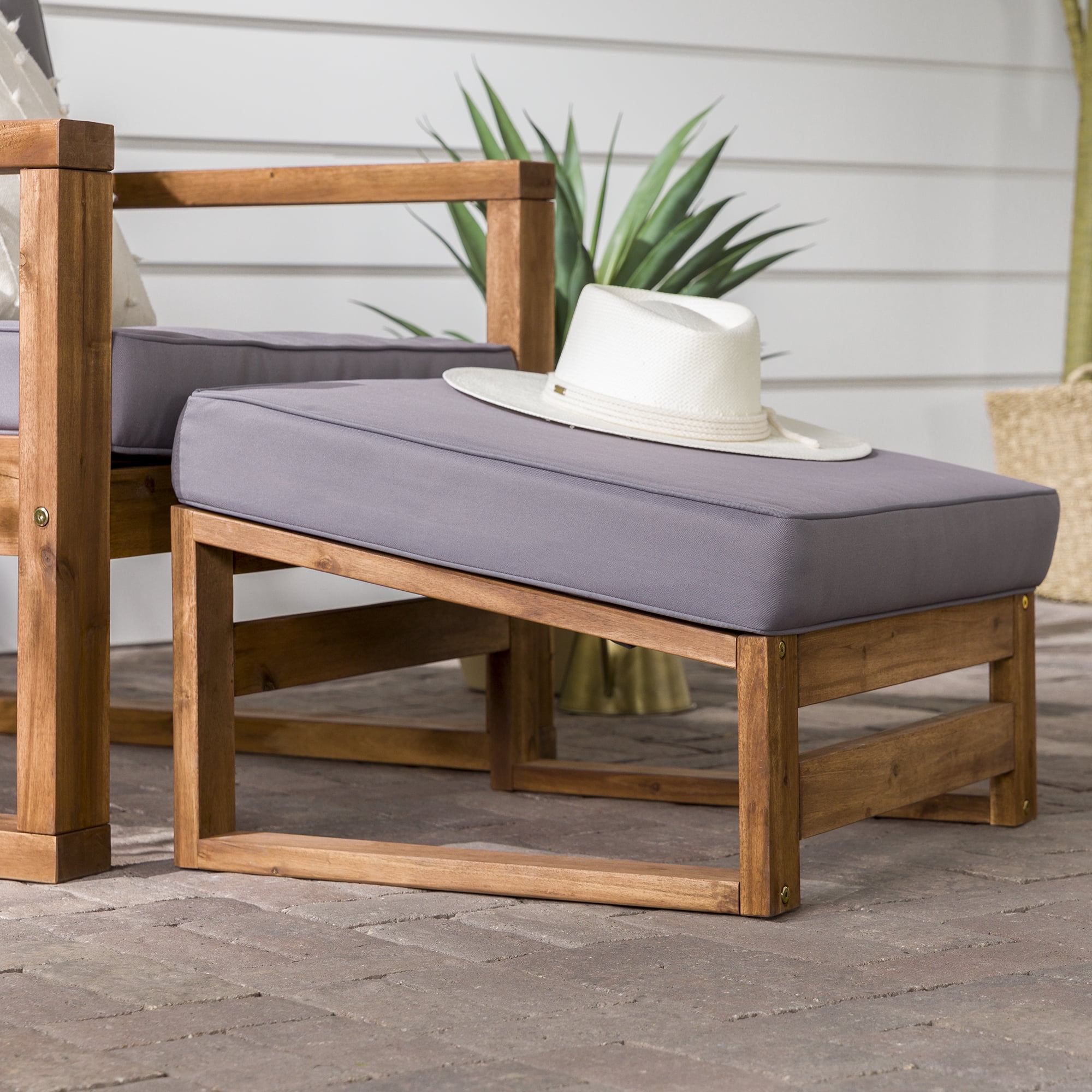 Walker Edison Modern Patio Chair Lounger and Ottoman - Brown