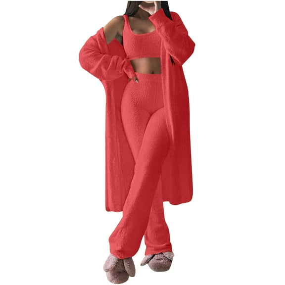 AHTJRT Fuzzy 3 Pieces Lounge Outfit for Women Tops Warm Sherpa Fleece Cardigan Bras Pants Pajamas Set Casual 2026 Lounge Matching Set Orange S