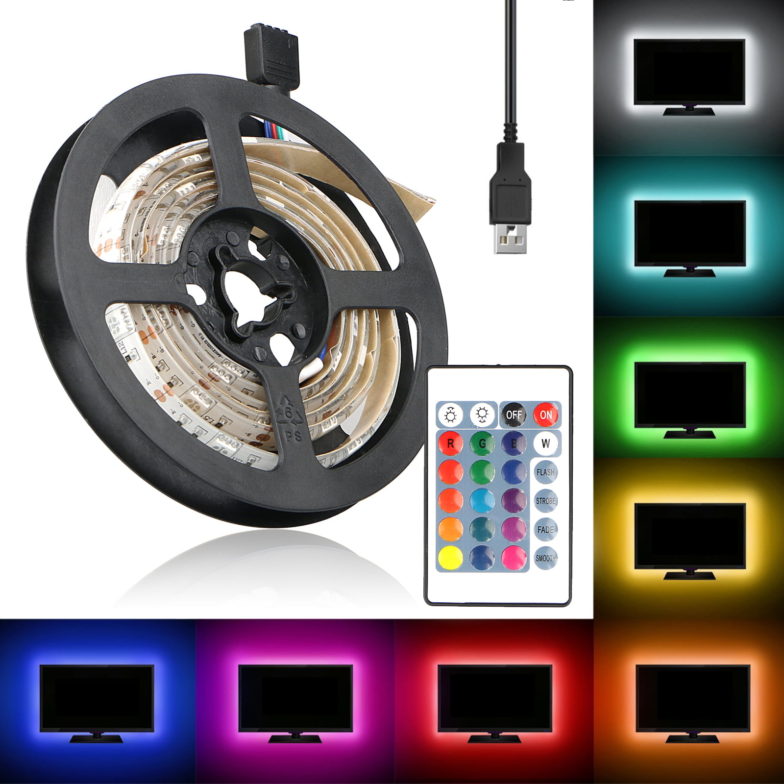 1M-3M USB 5V 5050 RGB LED Flexible Strip Light TV Background Kit 24 Key Remote