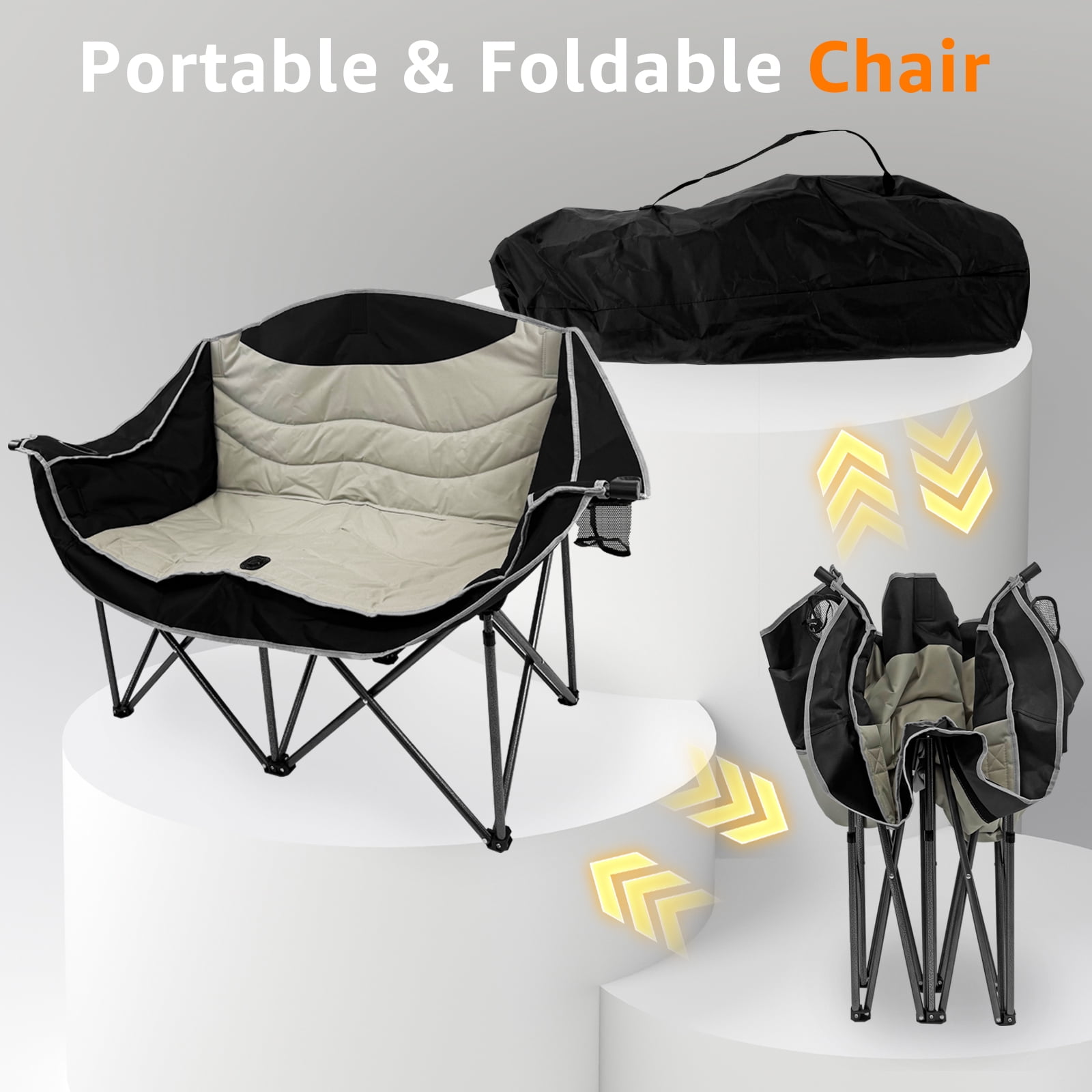 Jacgood Double Camping Chair for Couples, Comfortable Folding Loveseat with 2 Cup Holders & Armrests, Heavy-Duty 660lb Capacity for Camping