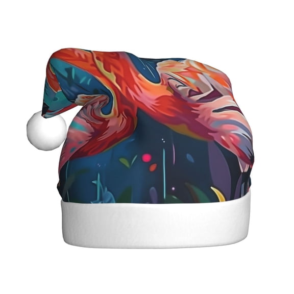 Fuzoiu Romantic Flamingo Pair Print Santa Hat Christmas Hat for Adults,Santa Hats with Pompom, Unisex Xmas Holiday Hat for Christmas New Year Festive Party Supplies