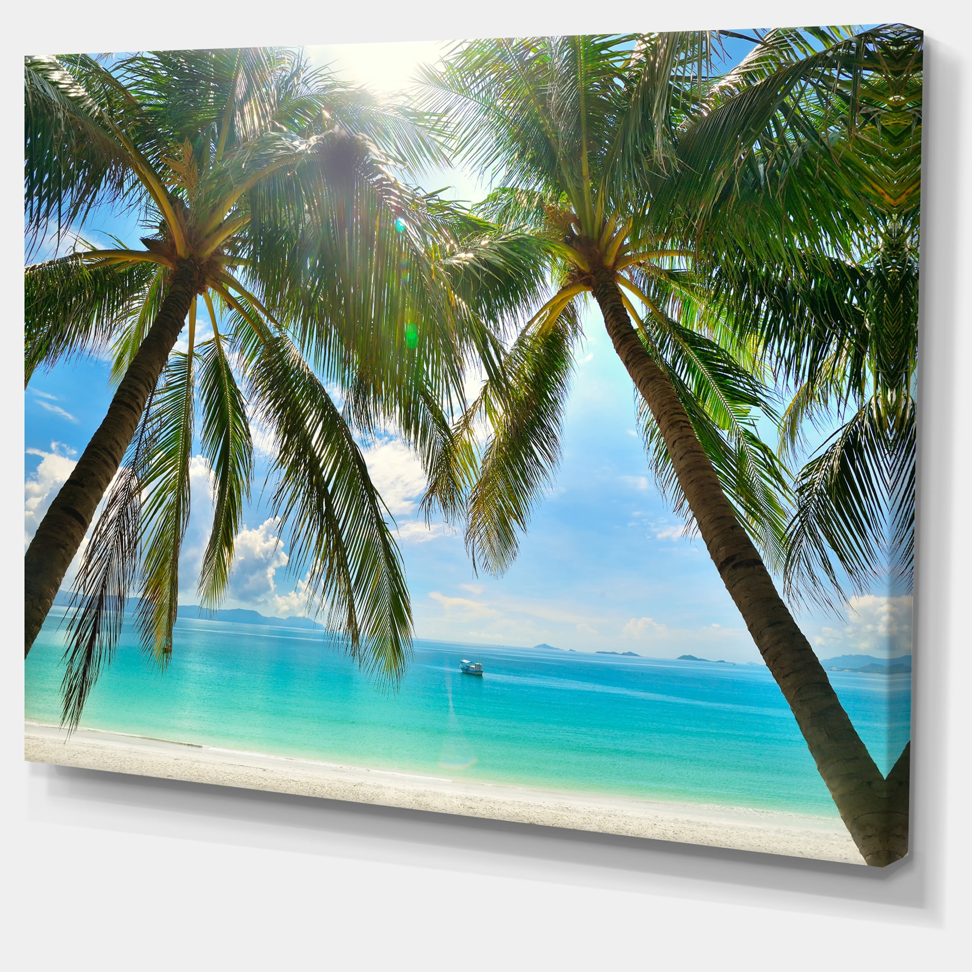 Designart 'Palm Hanging over Sandy White Beach ' Seashore Photo Canvas Art Print