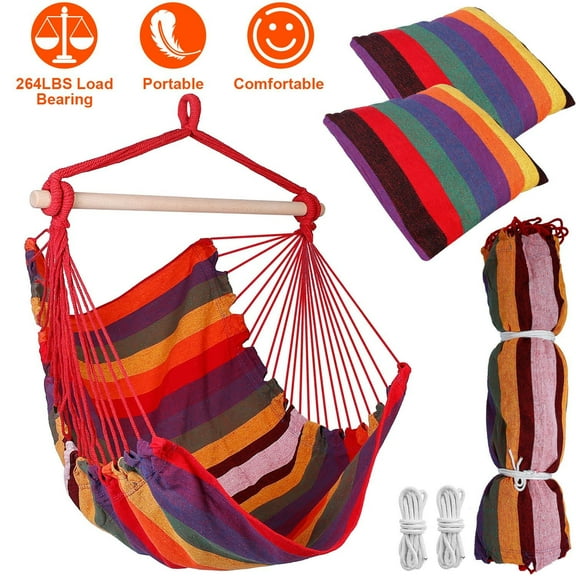 Hammock Hanging Chair Canvas Porch Patio Swing Seat Portable Camping Rope Seat Wooden Stick Hammock Chair with 2 Pillows