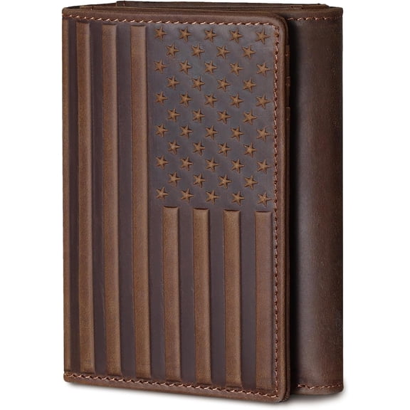 Konexial Trifold Leather Wallet for Men RFID Blocking – Mens Trifold Wallet Leather with 12 Card Slots, Gift for Men, American Flag Wallet Dark Brown