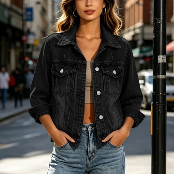 ClodeEU Women's Button Down Long Sleeve Denim Jacket,Classic Jean Coat with Chest Pockets Black,Women's Plus L