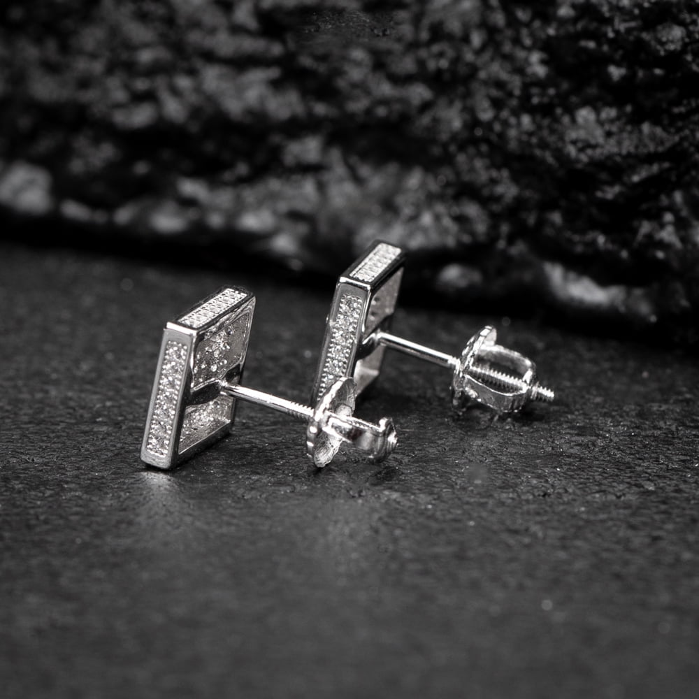 Men’s Micro Pave 3D Iced 5A Cz Halo Square White Gold 925 Sterling Silver Screw Back Post Hip Hop Stud Earrings