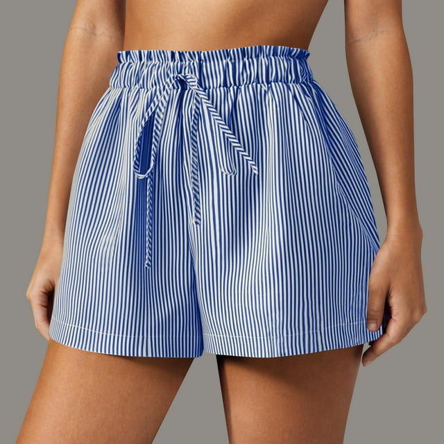 Gspmoly Short pour Femme, Short Décontracté à Imprimé Rayé pour Femme avec Poche, Short de Sport Taille Haute, Short de Randonnée pour Femme, Aubaines Prime Bleu G