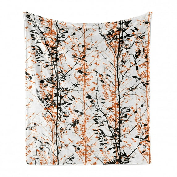 Modern Soft Flannel Fleece Throw Blanket, Forest Illustration with Trees Silhouettes Branches Hand Drawn Print, Cozy Plush for Indoor and Outdoor Use, 50" x 70", Orange Black and White, by Ambesonne