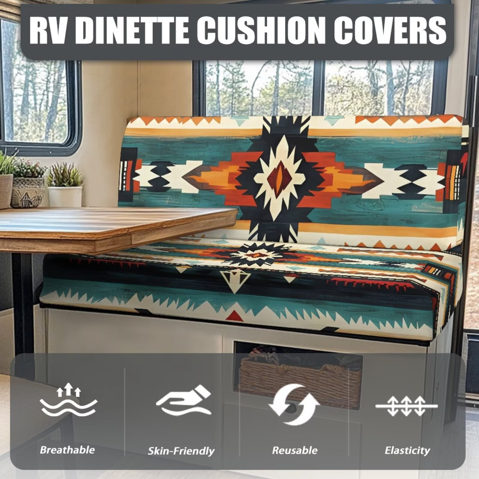Pzuqiu RV Dinette Cushion Covers Aztec Print Camper Cushion Slipcovers Washable Comfortable Stretch Fabric for RV Camper Car Bench Seats
