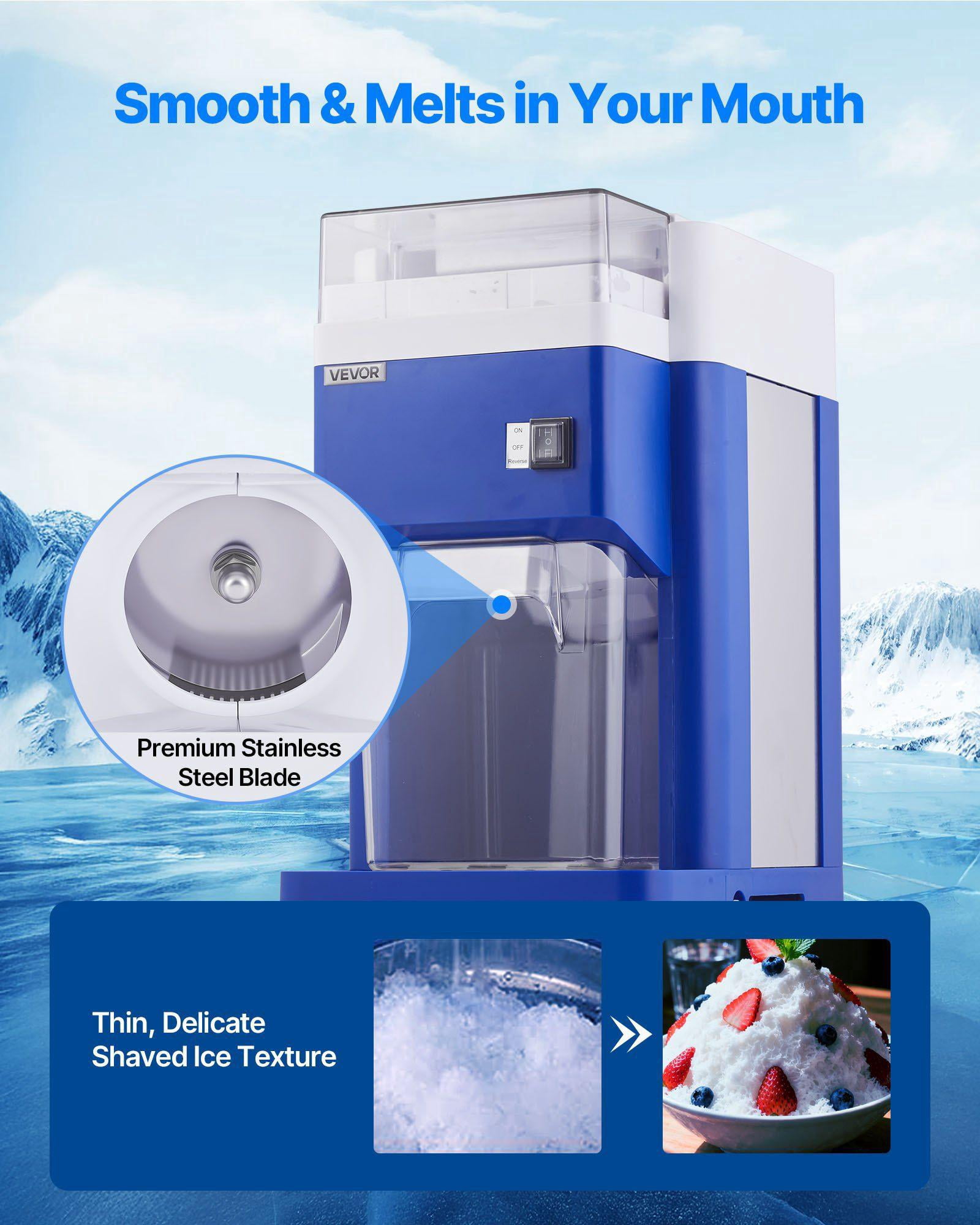 Commercial Ice Shaver Machine 1.91QT 1.8L Large Electric Snow Cone Maker 300W Motor Stainless Steel Blades Fine Fluffy Shaved Ice for Home Party Restaurant Dessert Shop Blue