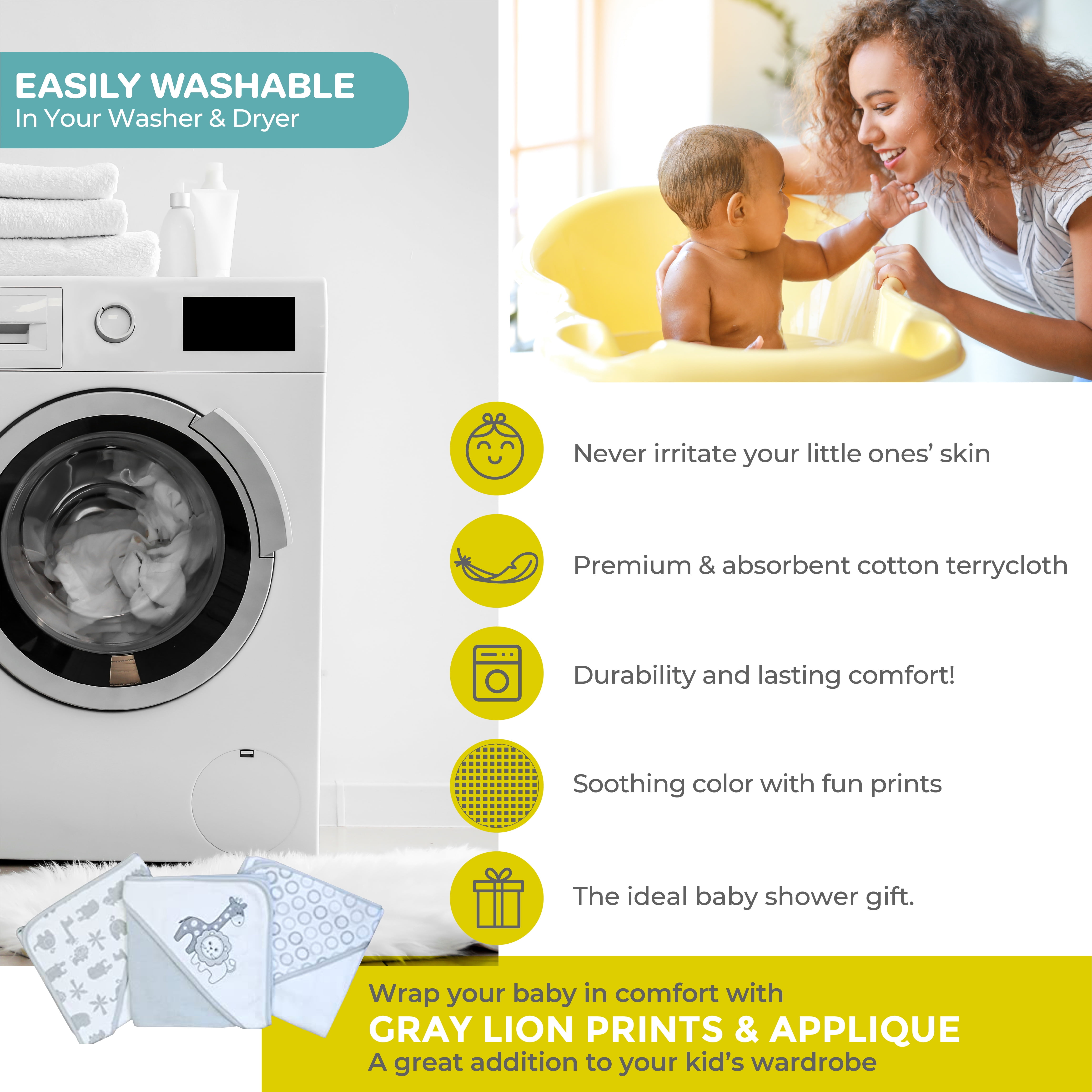 Spasilk Bath Hooded Towels & Washcloths Set for Babies, 23-Piece Gift Set, Gray Lion