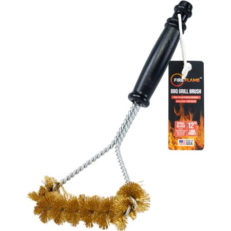 

Fireflame BBQ Grill Brush Non-Scratch Brass Bristles - 12-Inch Long Handle Barbecue Grill Cleaning Brush - Wide-Faced Spiral Heavy-Duty Made in The USA