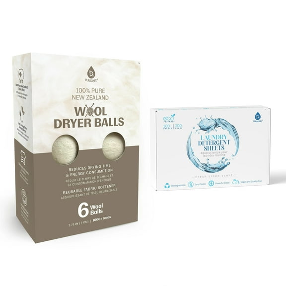 Laundry Care Essentials Bundle: 100 Detergent Sheets 6 Wool Dryer Balls Pack by Pursonic