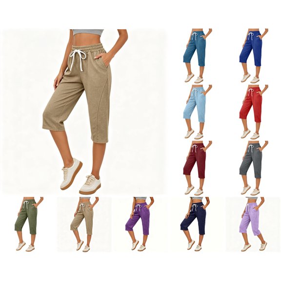 Nugftut Womens Capri Pants with Pockets,Relaxed Fit Straight Leg Cropped Trousers, Casual Summer Walking Capris