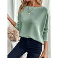 thumbnail image 3 of Women'S Crewneck Fall Knitted Top Waffle Off-Shoulder Pullover Long Sleeve T-Shirt Green M, 3 of 5