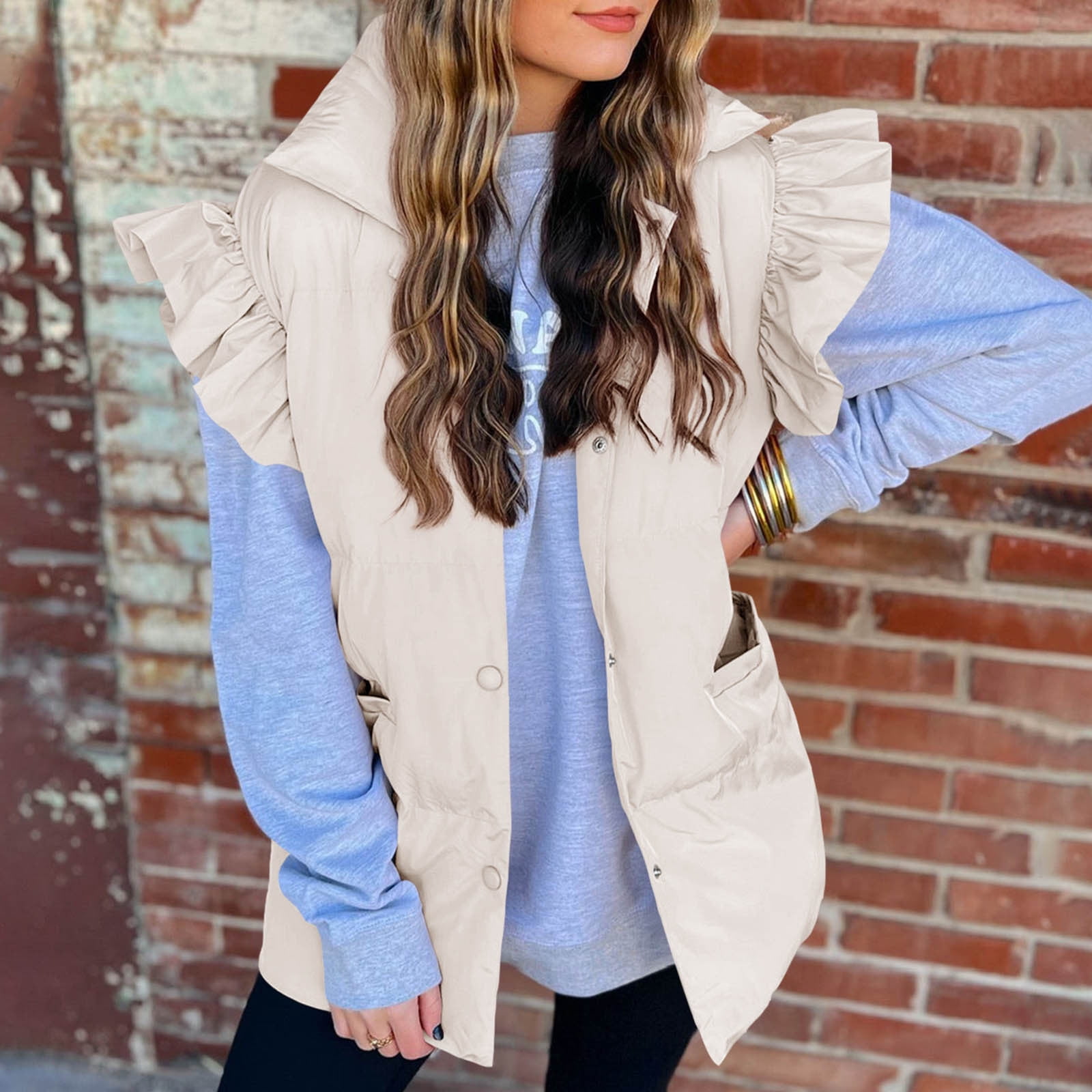 Lenpel Women's Padded Vests Button down Ruffle Sleeveless Puffer Jackets Lightweight Winter Coat with Pockets