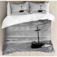 thumbnail image 3 of Shipwreck Duvet Cover Set Twin Size, Wreck Small Stranded Boat on Seaside Snow Clouds Windy Day Wave Picture, Decorative 2 Piece Bedding Set with 1 Pillow Sham, Black and White, by Ambesonne, 3 of 3