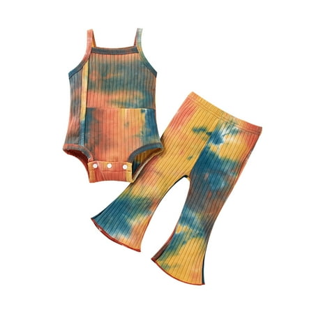 

elfinBE Unisex Baby Toddler Casual Tie Dyed Suspender Romper And Pants 2PCs Outfits Set 3-24M