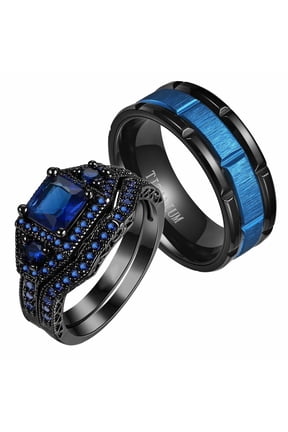 Matching Ring Couple Rings Black Plated 1CT Blue CZ Wedding Ring Sets Titanium Male Ring
