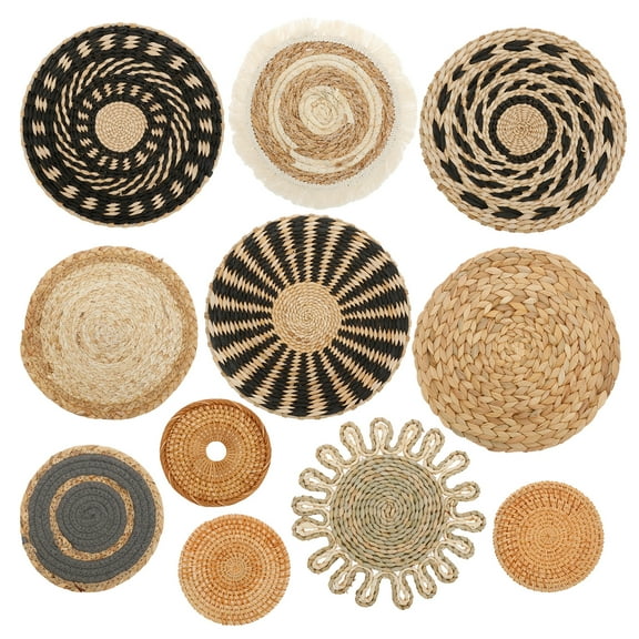 11 Pack Boho Wall Basket Decor - Seagrass Rattan Wicker Wall Decor Round Handmade Hanging Rustic Flat Elegant Wall Art for Farmhouse Living Rooms Bedrooms Display Table Settings Kitchen Home