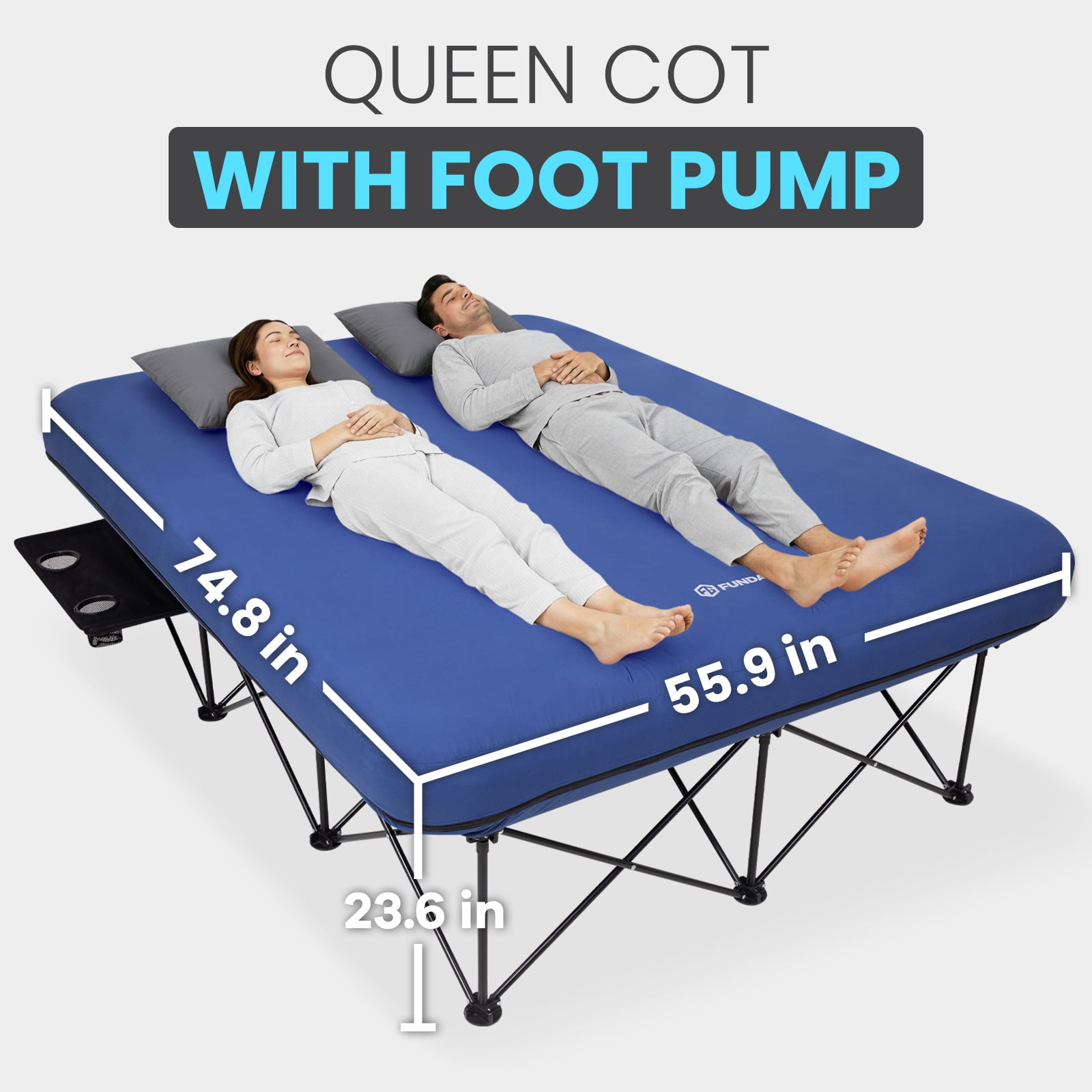 FUNDANGO 2 Person Oversized Folding Camping Cot with Air Matress, Double Outdoor Foldable Bed Cot Support 660lbs, Brushed Microfiber Queen Camping Bed for Adults with Side Table, Navy Blue