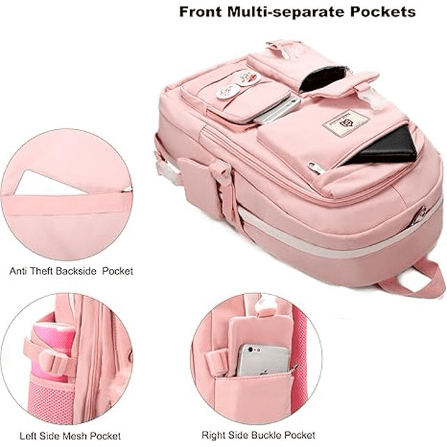 AO ALI VICTORY 3PCS-With lunch bag, pencil box Laptop Backpack 15.6 Inch Bag College Backpacks Backpack Set Anti Travel Back Pack Large Bookbags forTeens Women(Pink)