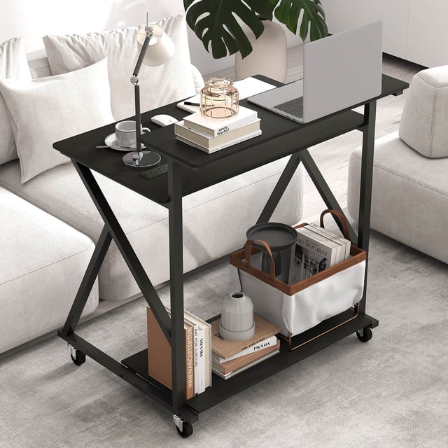 Costway Rolling Computer Desk, 32” Laptop Desk with Charging Station & Monitor Shelf Black