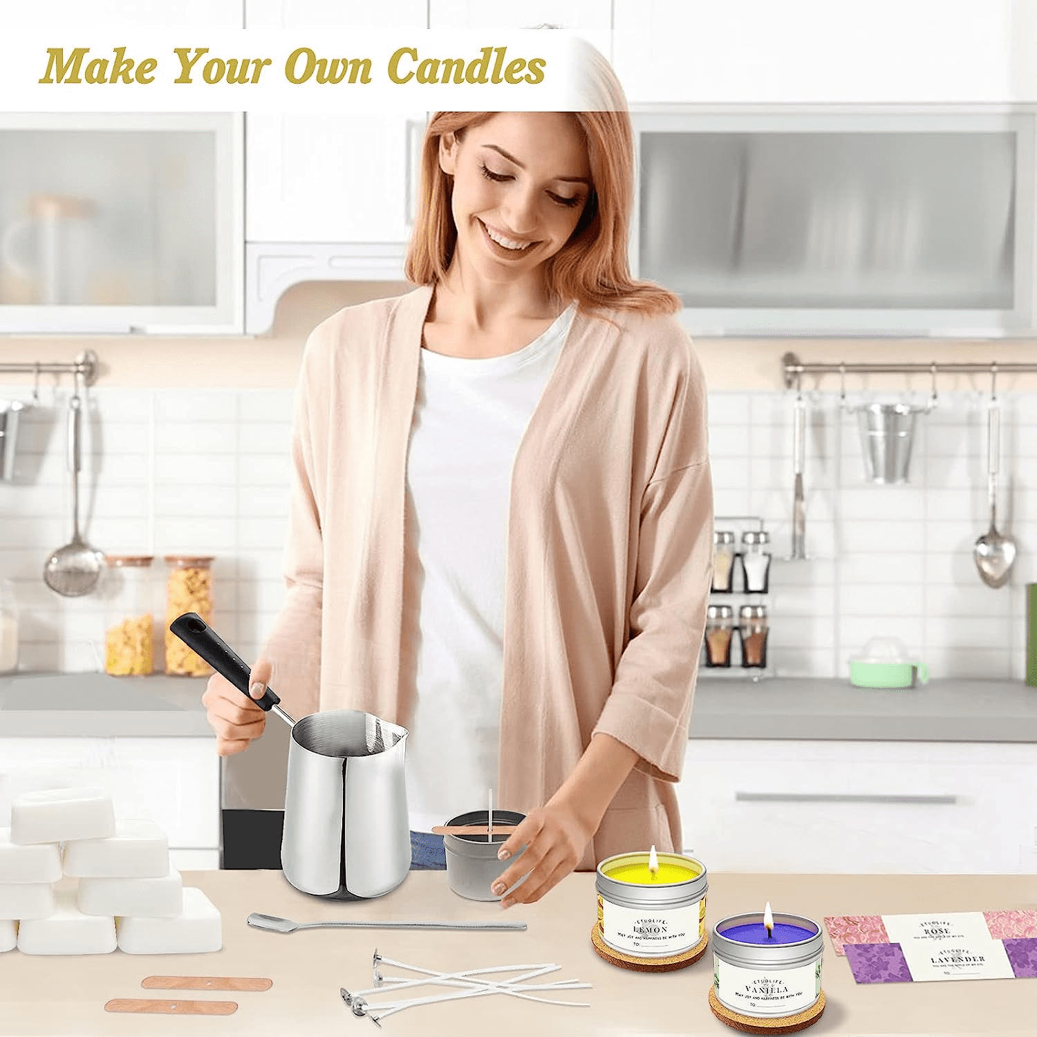 BAOYISHUN Complete candle making kit for adults, children, DIY aromatherapy candle making supplies including soy wax, aromatherapy oil, wick dye, candle jar, furnace, and craft kit for candle making