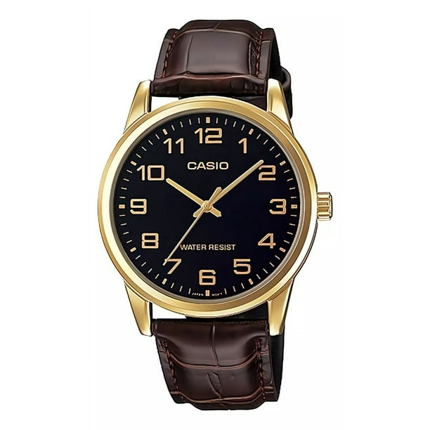 Reloj pulsera Casio MTP-V001GL-7BUDF con correa de cuero color marrón - fondo negro - bisel dorado
