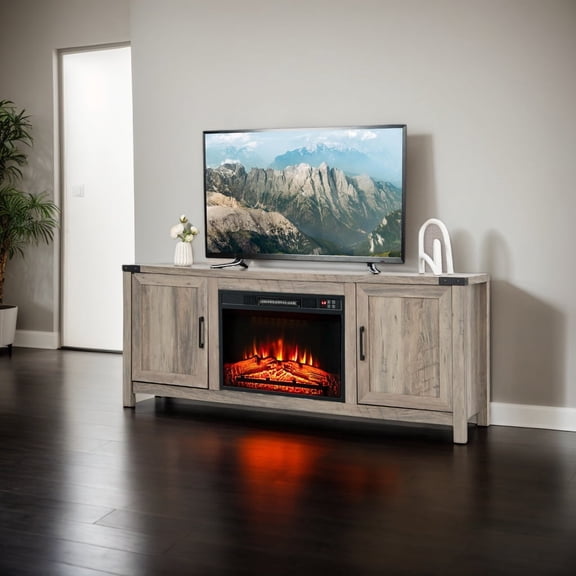 Resenkos Electric Fireplace TV Stand with Storage Cabinets for TVs up to 70 Inch-Natural, Mid Century Modern TV Stand for Living Room Bedroom (without fireplace)
