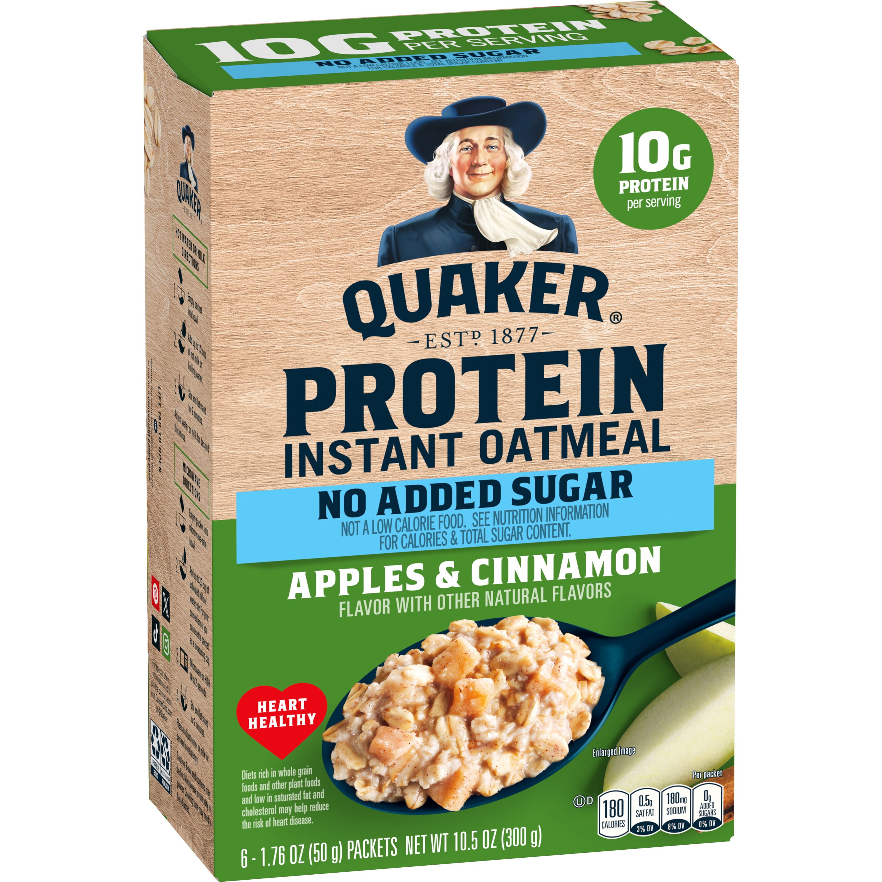 (6 pack) Quaker Instant Oatmeal Protein No Added Sugar Apples & Cinnamon, 1.76 Ounce 6 Packets
