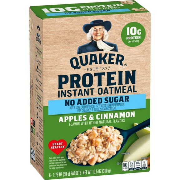 Quaker Instant Oatmeal Protein No Added Sugar Apples & Cinnamon, 1.76 Ounce 6 Packets