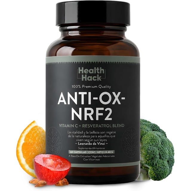 Anti-Ox-Nrf2 Suplemento Antioxidante Health Hack con Resveratrol Vitamina C Ácido Alfa Lipoico Quercetina y Extractos Vegetales 60 Cápsulas