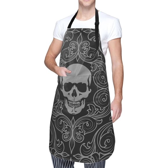 shiyou-Human Skull Halloween Waterproof Apron For Adults Chef Bib With 2 Pockets For Kitchen Bbq Crafting Drawing, Black, One Size