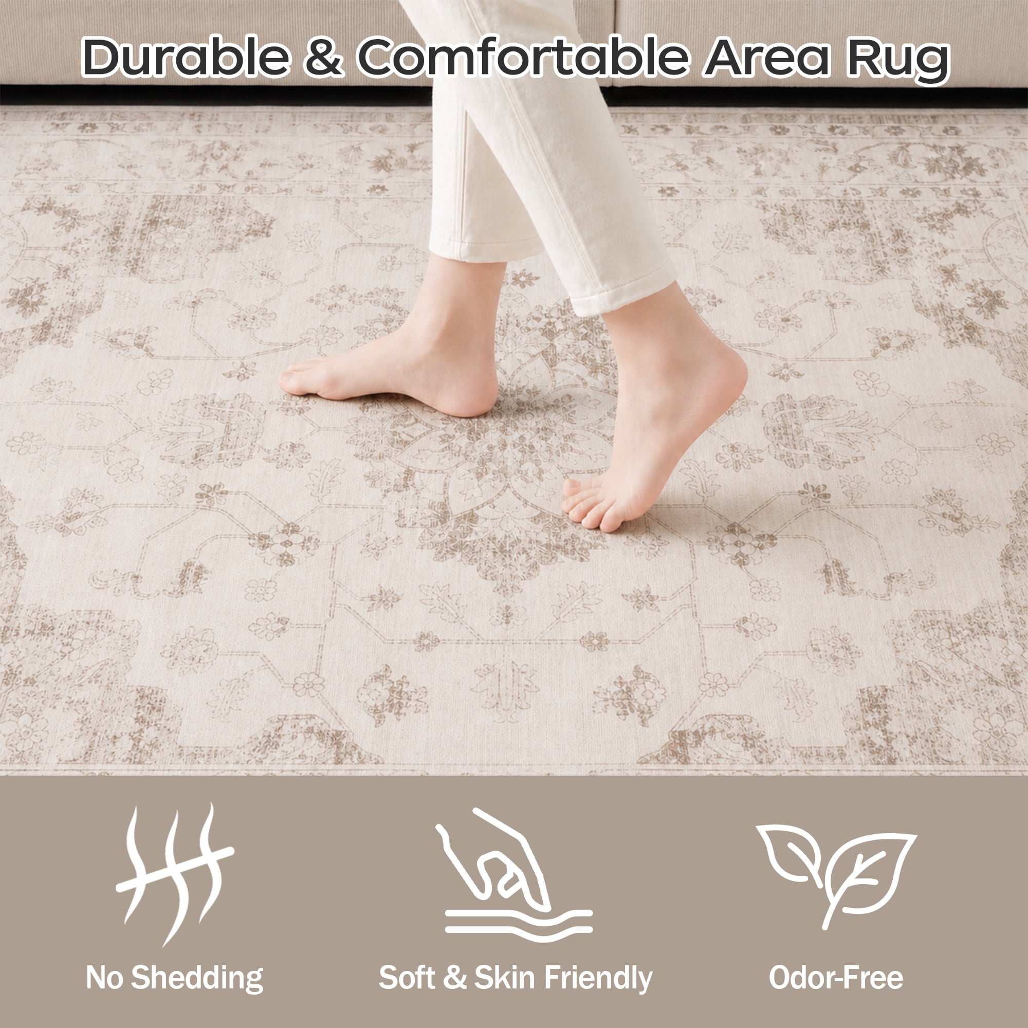 Prilinex 9x12 Area Rug, Washable Rugs for Living Room, Vintage Beige Carpet with Non-Slip & Stain Resistant, Farmhouse Soft Large Rugs for Bedroom Dining Room Kitchen