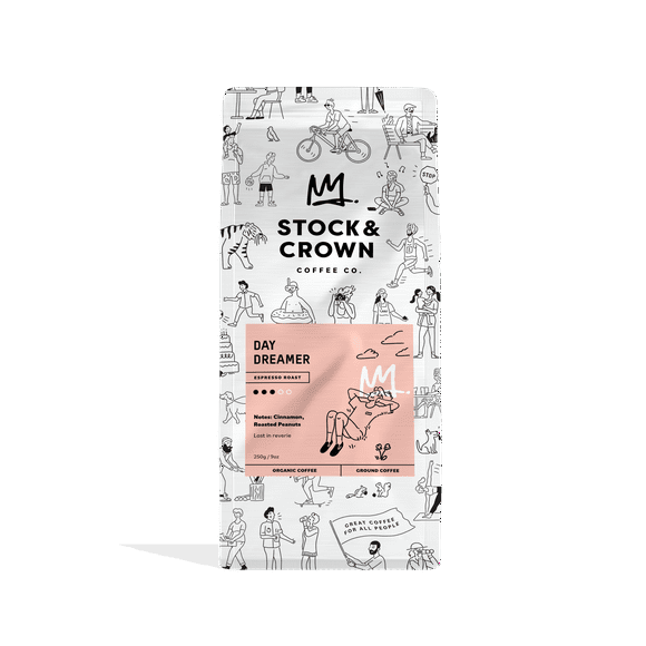 Stock and Crown Coffee - Espresso Roast - 250g Ground Coffee - Organic and Fair Trade - Day Dreamer, Day Dreamer - Espresso Roast - Ground Coffee 250g