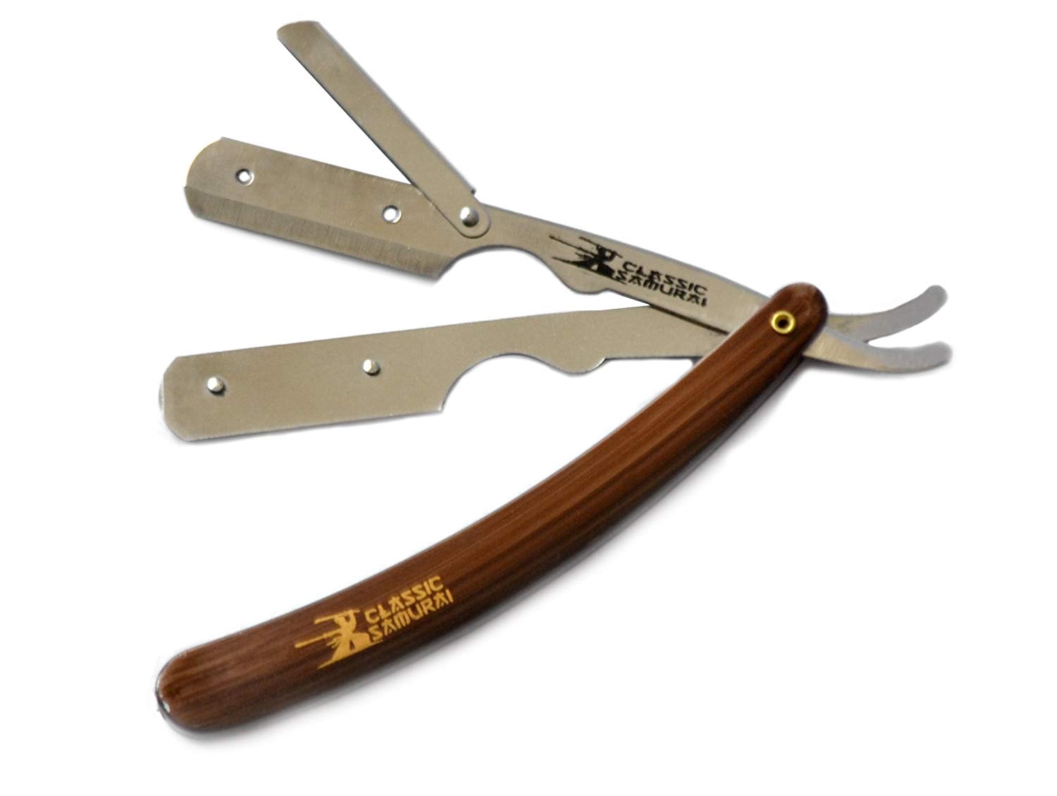 Classic Samurai Stainless Steel Men Shaving Set with CS-101 Brown Professional Barber Straight Edge Razor with 100 Lord Platinum Edge Razor Blades, Shaving Brush
