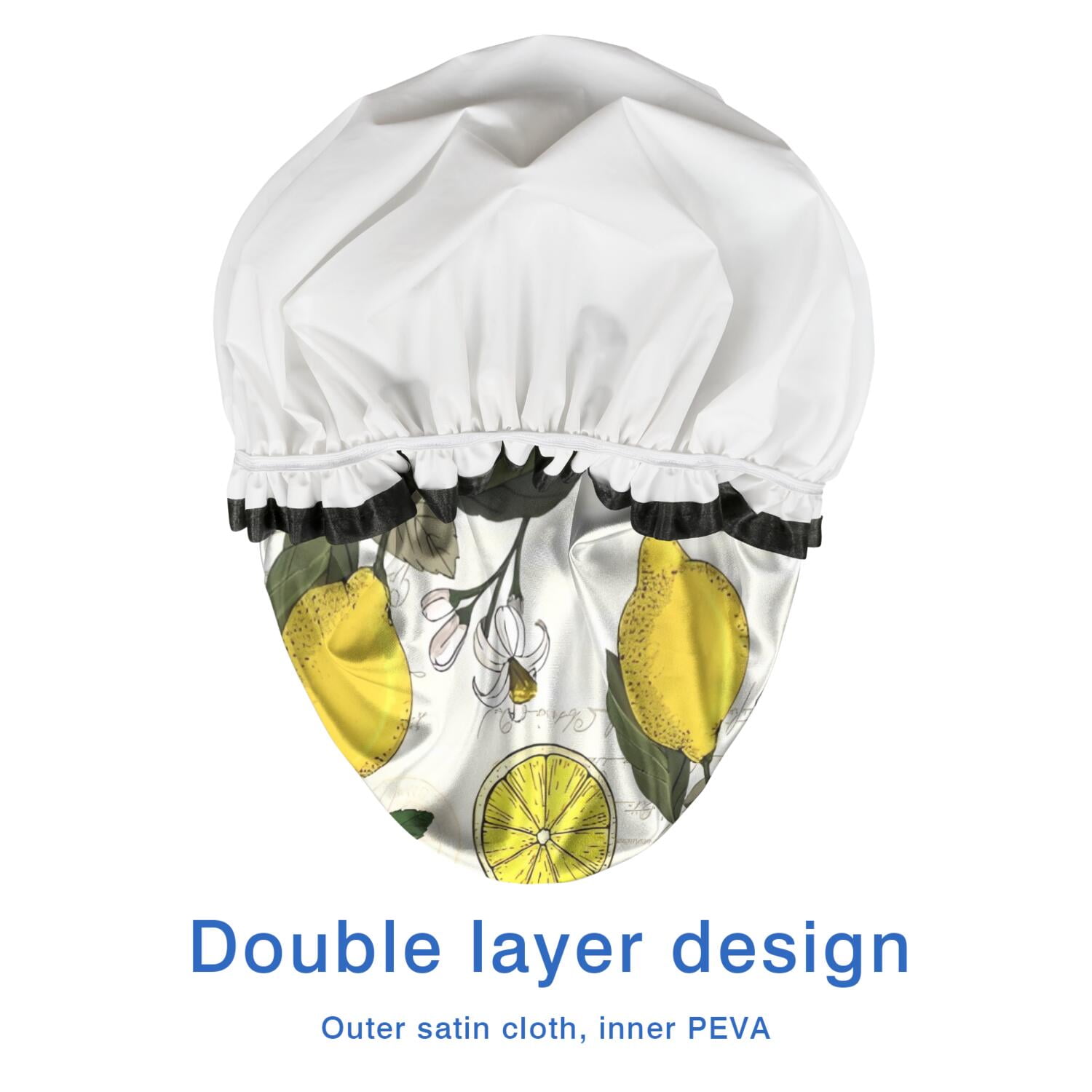 Shower Caps,Yellow Lemon Fruit Berries Beige Pattern Waterproof Shower Cap for Women 4 Pieces,Double Reusable Hair Cover for Shower PEVA Elastic Stretch Hem