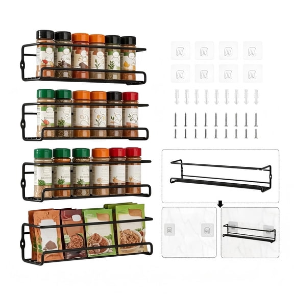 Finew 4-Tier Spice Organizer, Wall Mounted Spice Rack with Adhesive Stickers & Screws, Metal Storage Rack for Kitchen Cabinet Pantry Countertop, Black