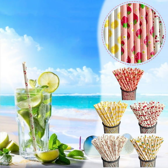 Hwkond 100PC Straws Disposable,Disposable Kraft Paper Straw Cool Summer Fruit Pattern Paper Straw