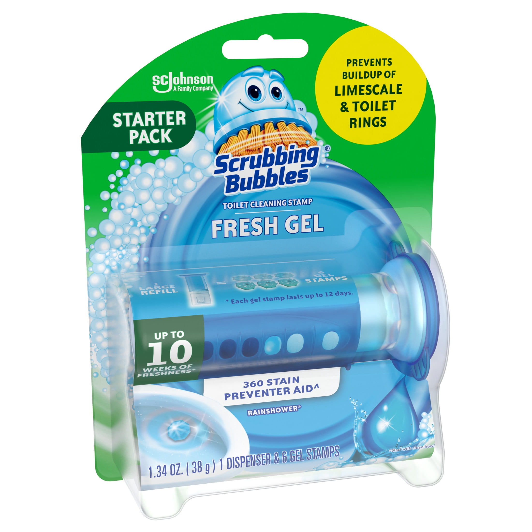 Scrubbing Bubbles Automatic Toilet Bowl Cleaner, Fresh Gel Cleaning Stamp, Rainshower, Dispenser & 6 Gel Stamps